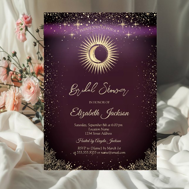 Convites Gold Sun,Moon,Stars Flowers Burgundy Bridal Shower (Criador carregado)