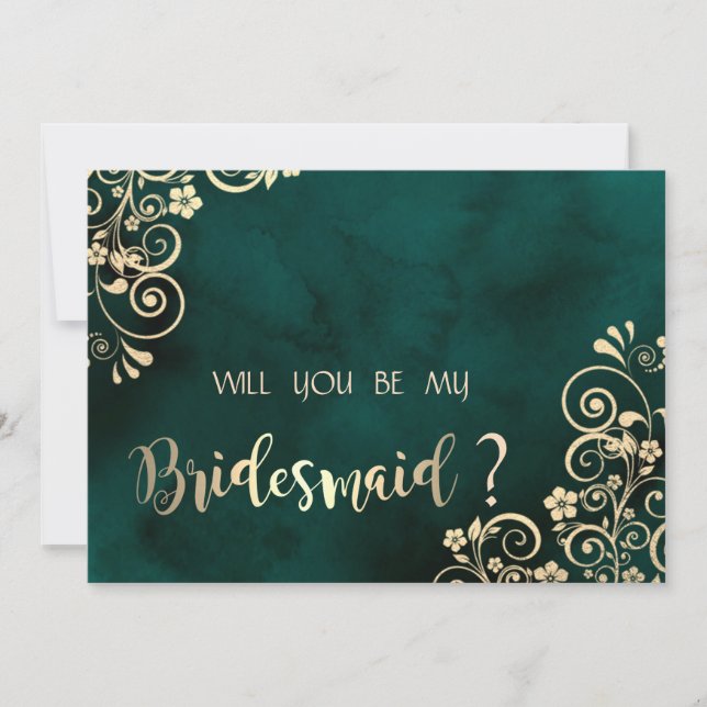 Convites Gold Swirls Emerald Green Bridesmaid Card (Frente)