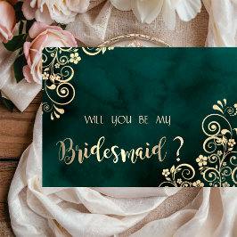 Convites Gold Swirls Emerald Green Bridesmaid Card
