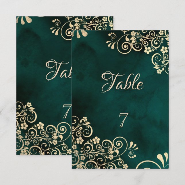 Convites Gold Swirls Emerald Green Wedding Table Number (Frente/Verso)