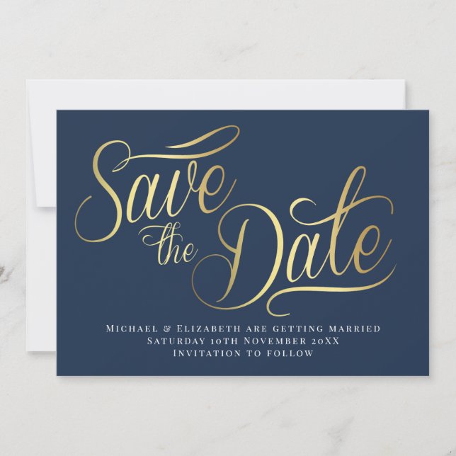 Convites Gold Typo Modern Blue Save The Date Card (Frente)