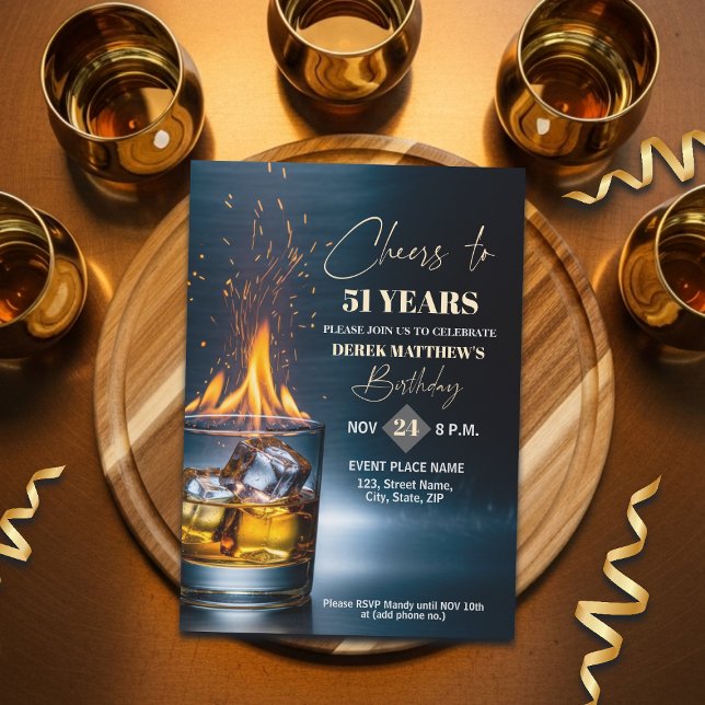 Convites Gold Whiskey Theme Men 51st Birthday Party (Criador carregado)