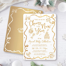 Convites Gold White New Year Cheer Hand Drawn Sketch Party
