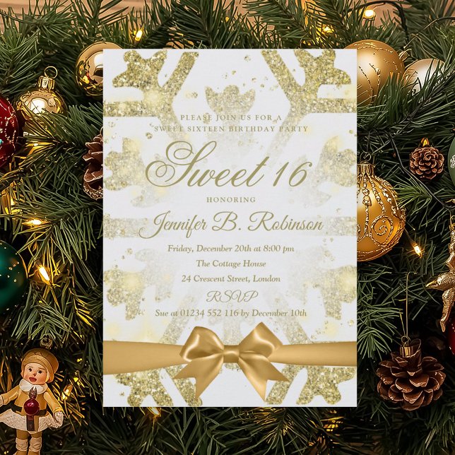 Convites Gold Winter Glitter Bow Sweet 16 Birthday Party (Gold Winter Glitter Bow Sweet 16 Birthday Party Invitation)