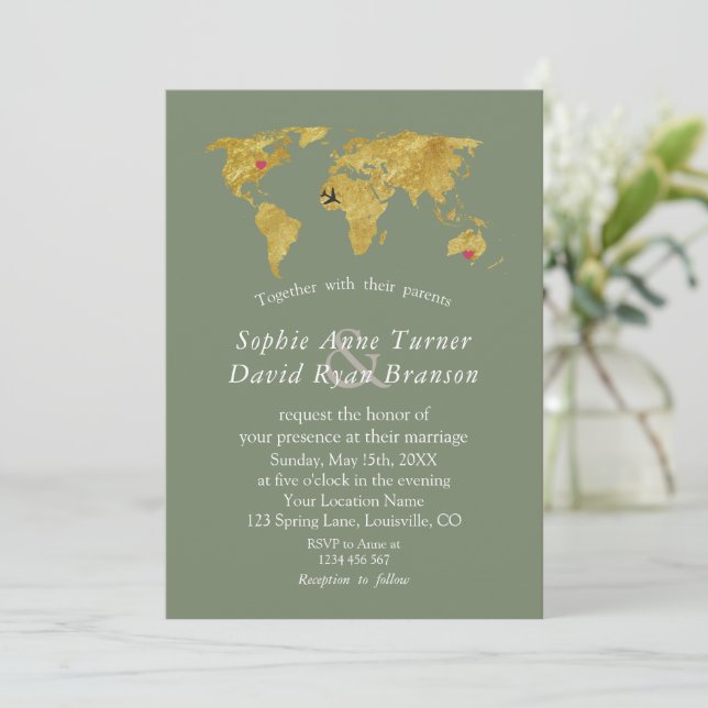 Convites Gold World Map Destination Sage Green Wedding (Em pé/Frente)