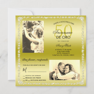 Convites Golden 50th Wedding Anniversary Double Photo