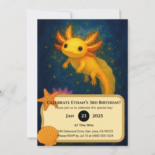 Convites Golden Axolotl Over Lotus Pond Birthday  (Frente)