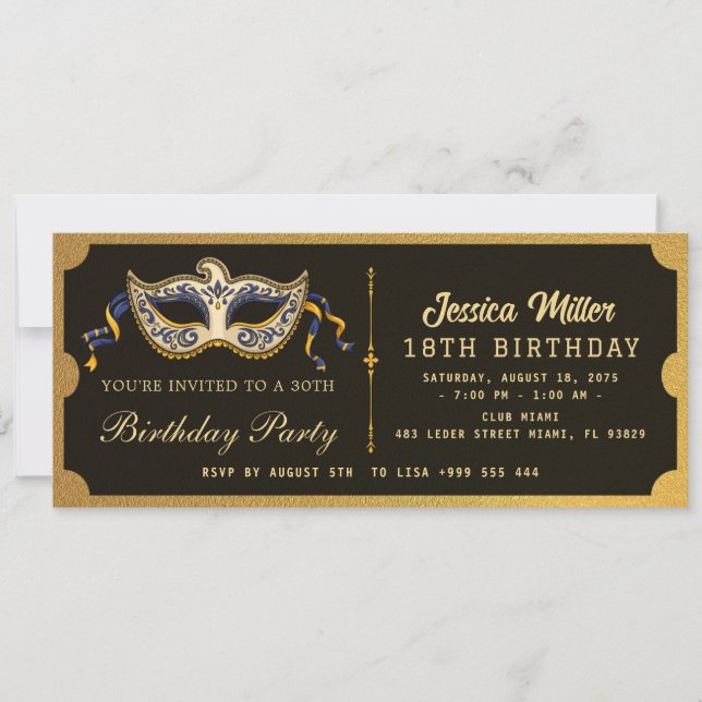 Convites Golden birthday Party Ticket Invitation (Frente)