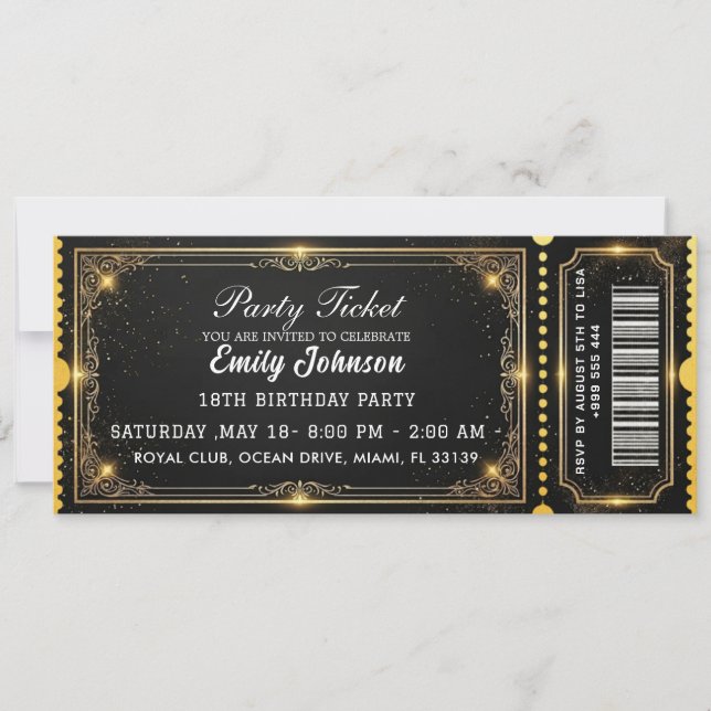 Convites Golden Birthday Party Ticket Invitation 2026 (Frente)
