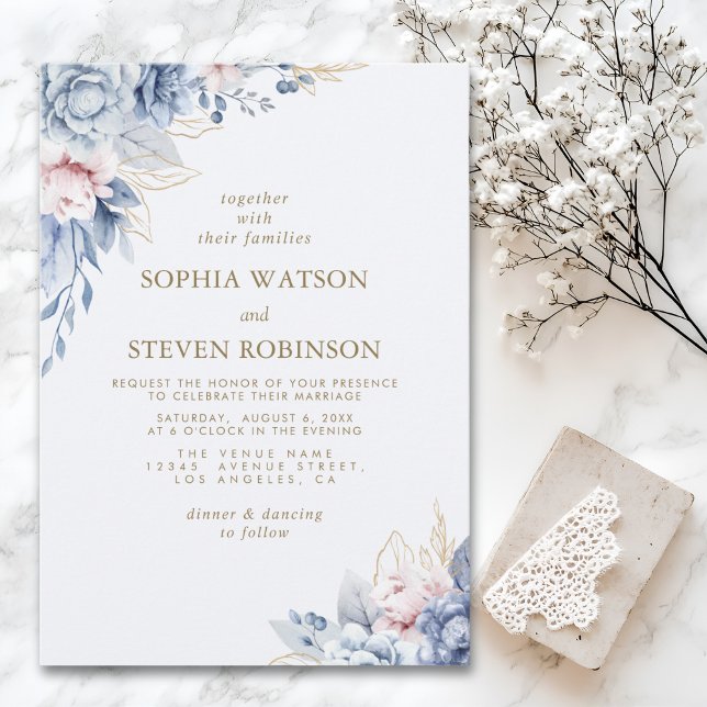 Convites Golden Bloom: Blue & White Floral Wedding (Criador carregado)