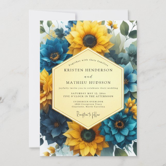 Convites Golden Blue Floral Romance Wedding (Frente)