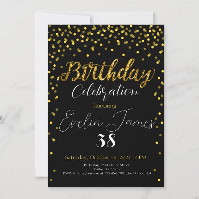 Convites Golden Confetti Invitation, Gold Birthday Party  (Frente)