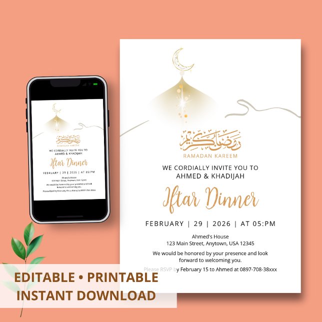 Convites Golden Crescent Moon Glow Ramadan Iftar Invitation (Criador carregado)