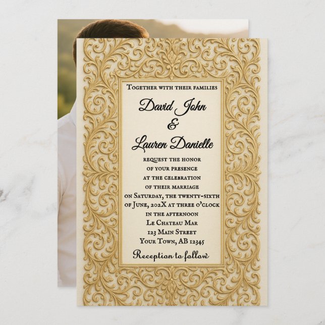 Convites Golden Ever After Photo Wedding Invitation (Frente/Verso)