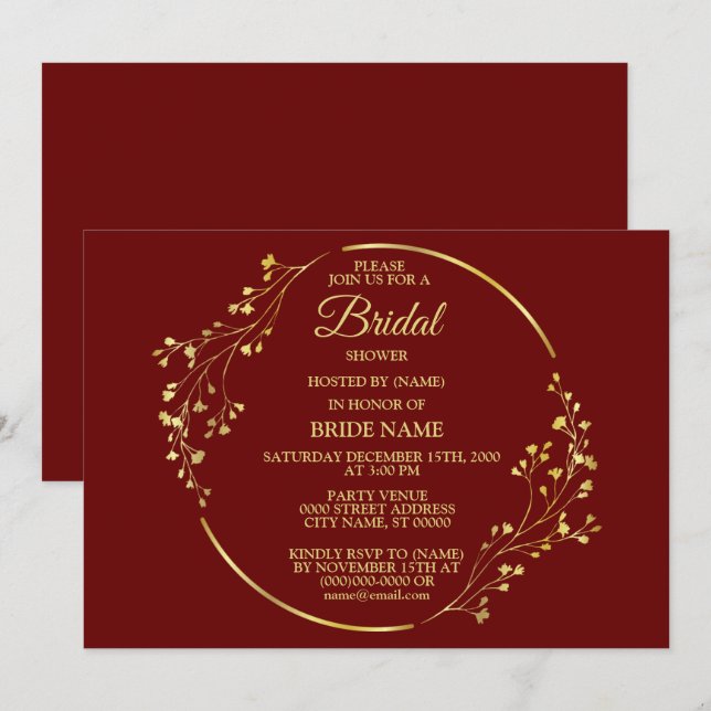 Convites Golden Floral Geometric Wreath Red Bridal Shower (Frente/Verso)