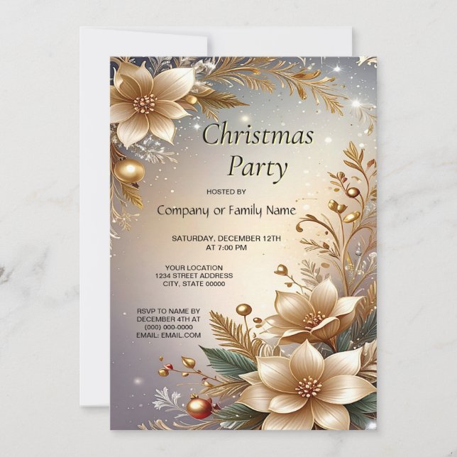 Convites Golden Floral Holiday Party Invitation (Frente)