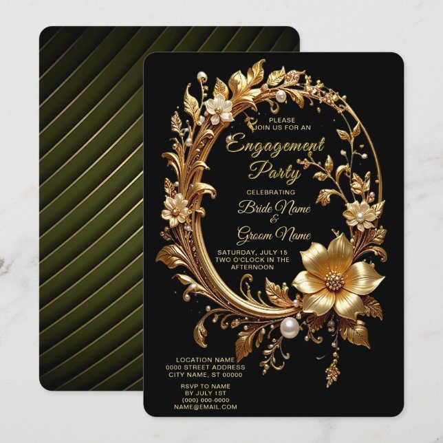 Convites Golden Floral Ornate Frame Engagement Invitation (Frente/Verso)