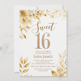 Convites Golden Floral Sweet 16 Birthday Invitation
