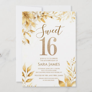 Convites Golden Floral Sweet 16 Birthday Invitation