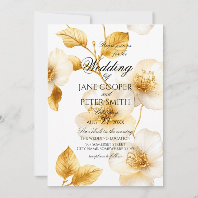 Convites Golden flowers floral Wedding Invitation (Frente)