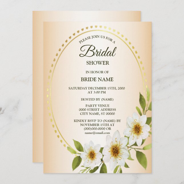 Convites Golden Frame White Floral Peach Bridal Shower (Frente/Verso)
