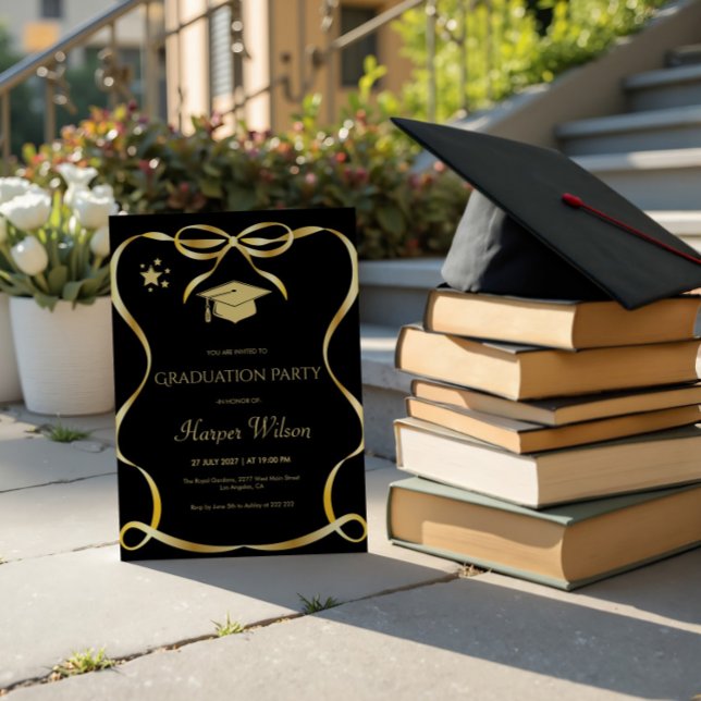 Convites Golden Frame with Bow Graduation Invitation (Criador carregado)