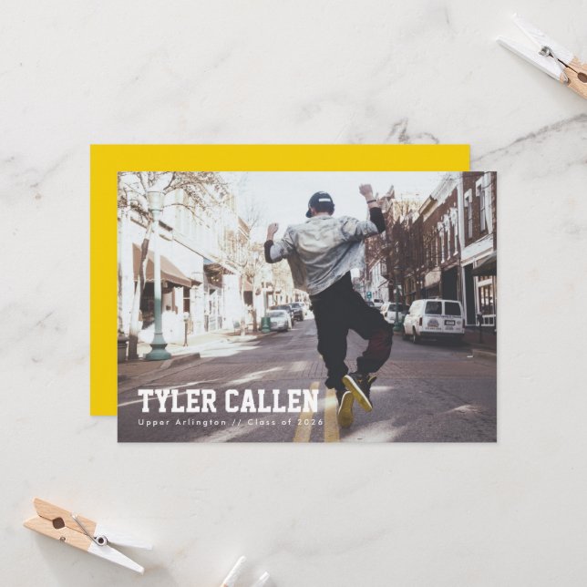 Convites Golden Full Photo Varsity with Text-only Backer (Frente/Verso In Situ)