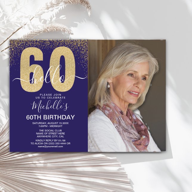 Convites Golden Glitter "Hello 60" Photo Birthday Women (Criador carregado)