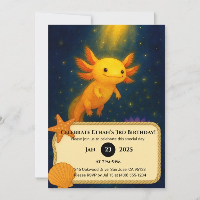 Convites Golden Glow Axolotl Birthday  (Frente)
