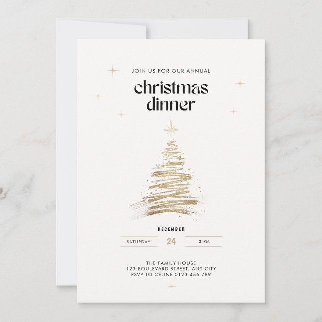Convites Golden Hand Drawn Tree Christmas Dinner (Frente)