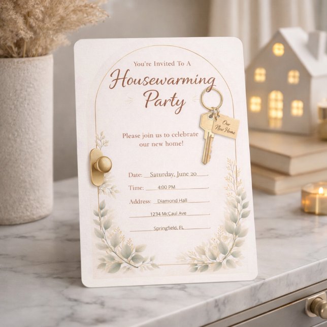 Convites Golden Key Gathering Invitation (Key to new beginnings with gold accents, arch design, and soft greenery detail)