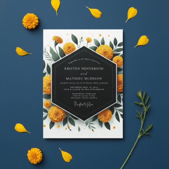 Convites Golden Marigold Botanical Romance Wedding (Criador carregado)