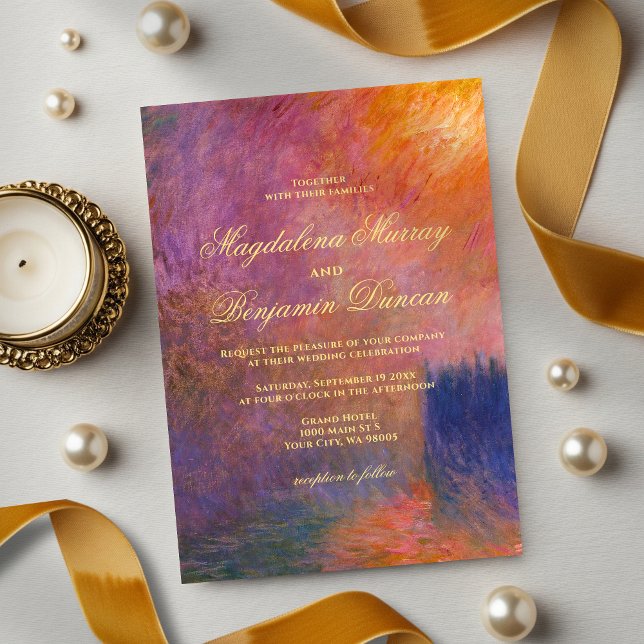 Convites Golden Orange Purple Sunset Sky Monet Art Wedding (Criador carregado)