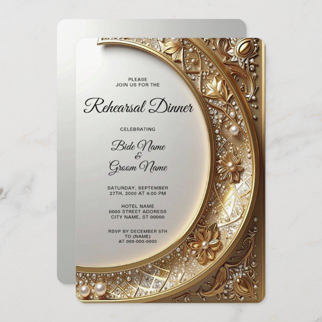 Convites Golden Ornate Frame Rehearsal Dinner (Frente/Verso)