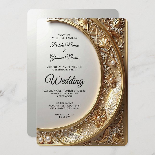 Convites Golden Ornate Frame Wedding Invitation (Frente/Verso)