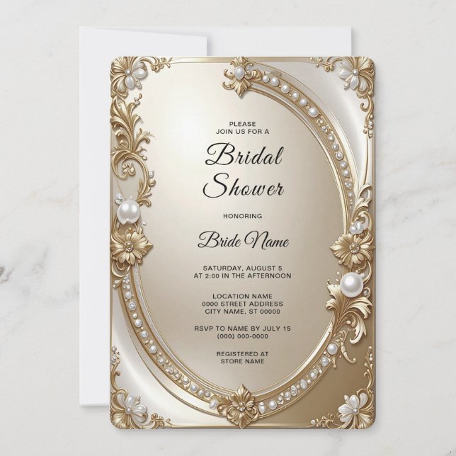 Convites Golden Ornate Frame with Pearls Bridal Shower (Frente)