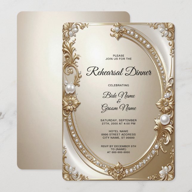 Convites Golden Ornate Frame with Pearls Rehearsal Dinner (Frente/Verso)