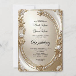 Convites Golden Ornate Frame with Pearls Wedding Invitation