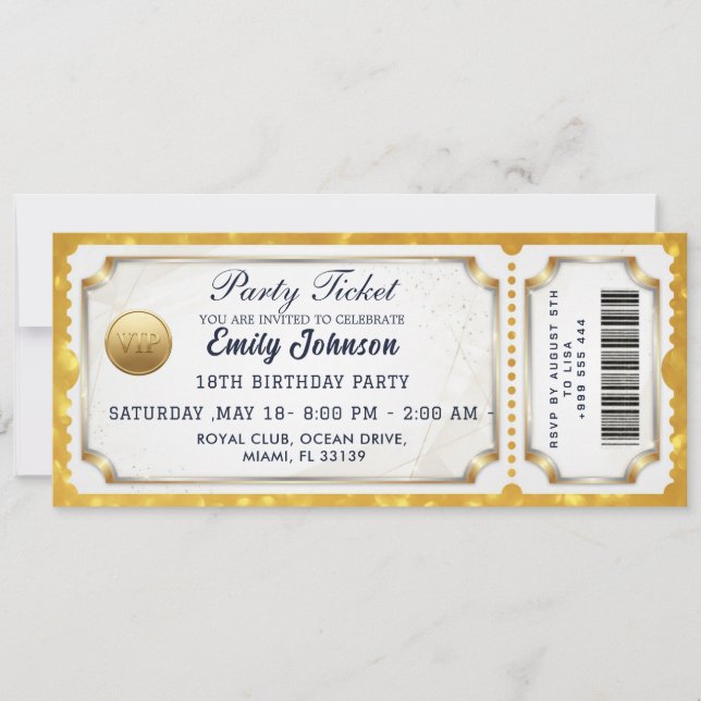 Convites Golden  Party Ticket Invitation  (Frente)