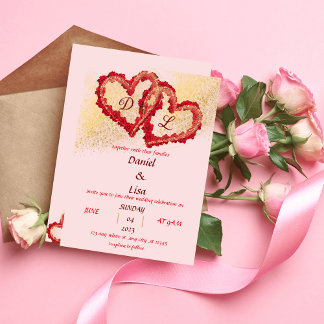 Convites Golden red hearts wedding invitation