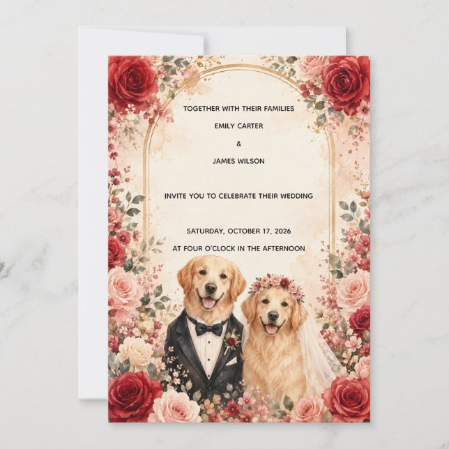 Convites Golden Retriever Personalizado com Rosa Vermelha e (Frente)