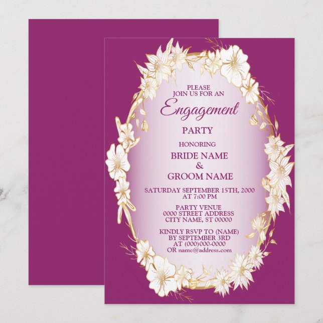 Convites Golden White Floral Pink Rustic Engagement Party  (Frente/Verso)