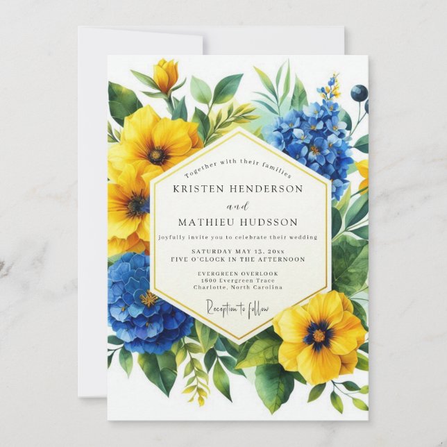 Convites Golden Yellow Blue Bloom Wedding (Frente)