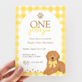 Convites Goldendoodle Yellow Gingham First Birthday