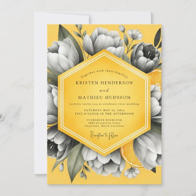 Convites Goldenrod Monochrome Flora Wedding (Frente)