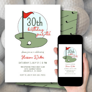 Convites Golf 30th Birthday Party Hand Drawn Modern Green