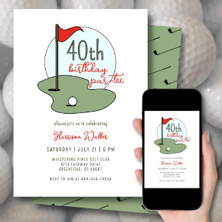 Convites Golf 40th Birthday Party Hand Drawn Modern Green