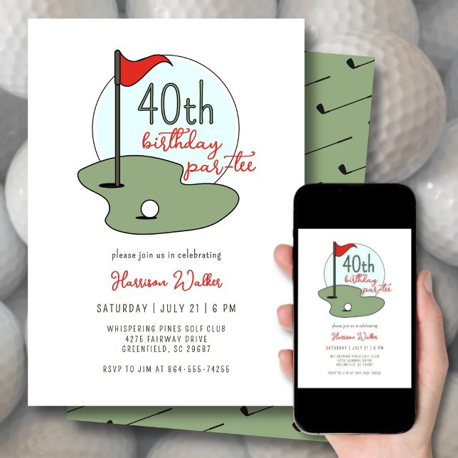 Convites Golf 40th Birthday Party Hand Drawn Modern Green (Criador carregado)