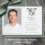 Convites Golf 40th Birthday Party Photo Modern Green<br><div class="desc">Celebrate a milestone in modern style with this golf crest 40th birthday invitation. Designed with a sleek palette of light gray, sage green, and charcoal, the layout features a refined golf crest with crossed clubs and a bold “40, ” creating a polished clubhouse aesthetic perfect for golf lovers. A floating...</div>