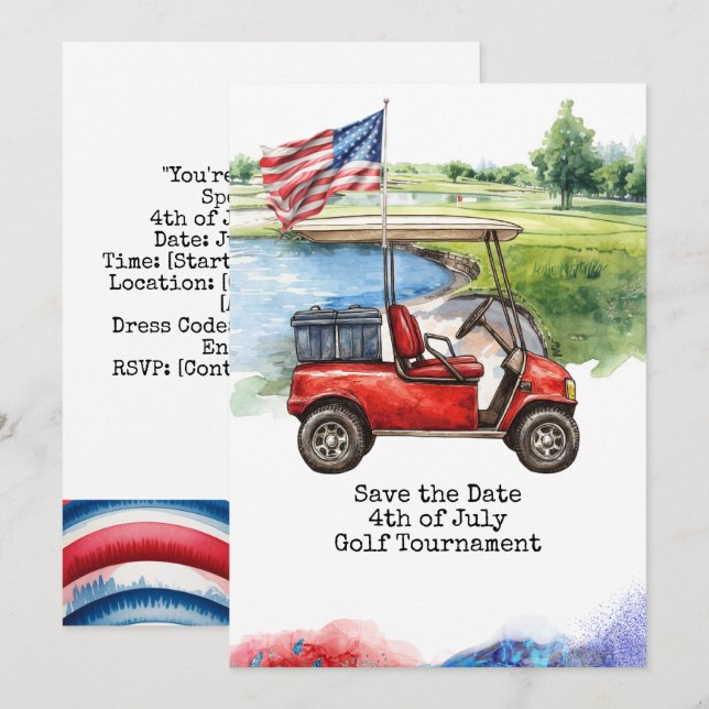 Convites Golf 4th July Independence Day for golfer  (Frente/Verso)